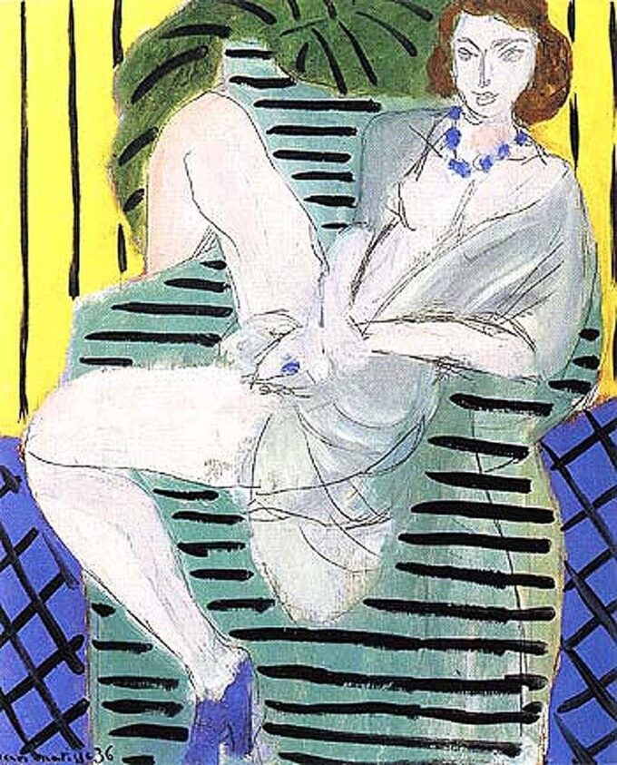 Frau in einem Sessel vor einem blauen und gelben Hintergrund – Matisse Henri Matisse 2024-09-20 2