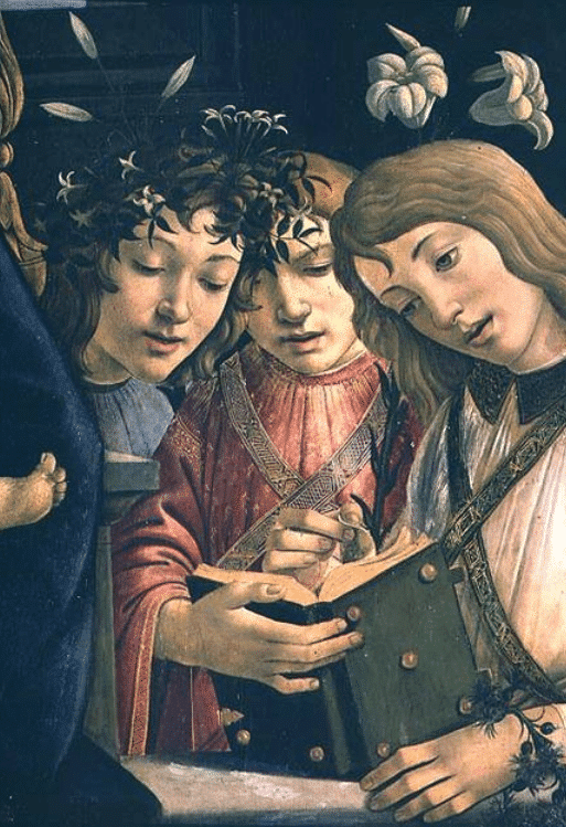 Madonna und Kind mit dem jungen Johannes dem Täufer und Engeln: Detail zeigt drei Engel – Sandro Botticelli Sandro Botticelli 2024-09-19