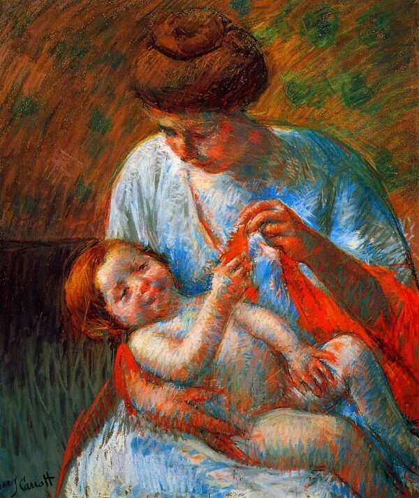 Baby liegt auf dem Schoß seiner Mutter und streckt die Hand aus, um ein Tuch zu halten – Mary Cassatt Mary Cassatt 2024-11-21