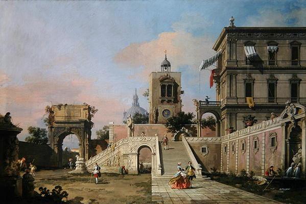 Capriccio von zwei Treppenflügen, die zu einem Palazzo führen, um 1750 (Öl auf Leinwand) – Giovanni Antonio Canal Giovanni Antonio Canal 2024-11-21