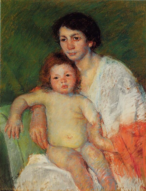 Nacktes Baby auf dem Schoß seiner Mutter, der Arm auf der Rückenlehne des Stuhls abgelegt – Mary Cassatt Mary Cassatt 2024-11-21